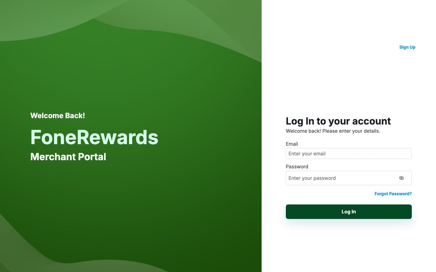 FoneRewards merchant portal login screen with its green branded welcome panel